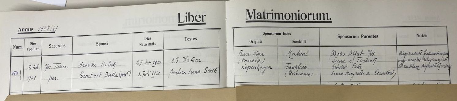 Photo: St. Mauritius Church Ledger entry for the  Wedding of Hubert Brooks to Birthe Grontved